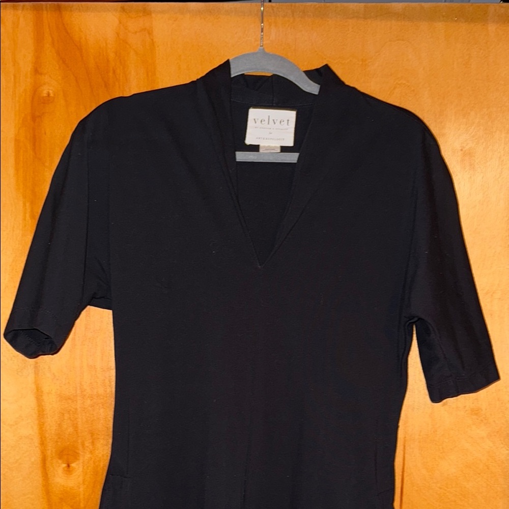 Velvet Black A-Line Midi Dress V-Neck Short Sleeve - Picture 8 of 11